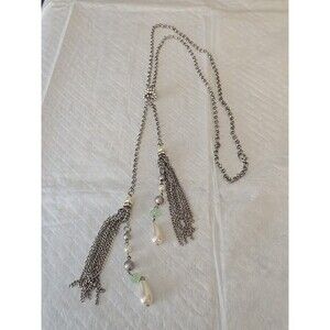 Vintage Knotted Long Double Tassel Beaded Silver Tone Flapper Style Necklace